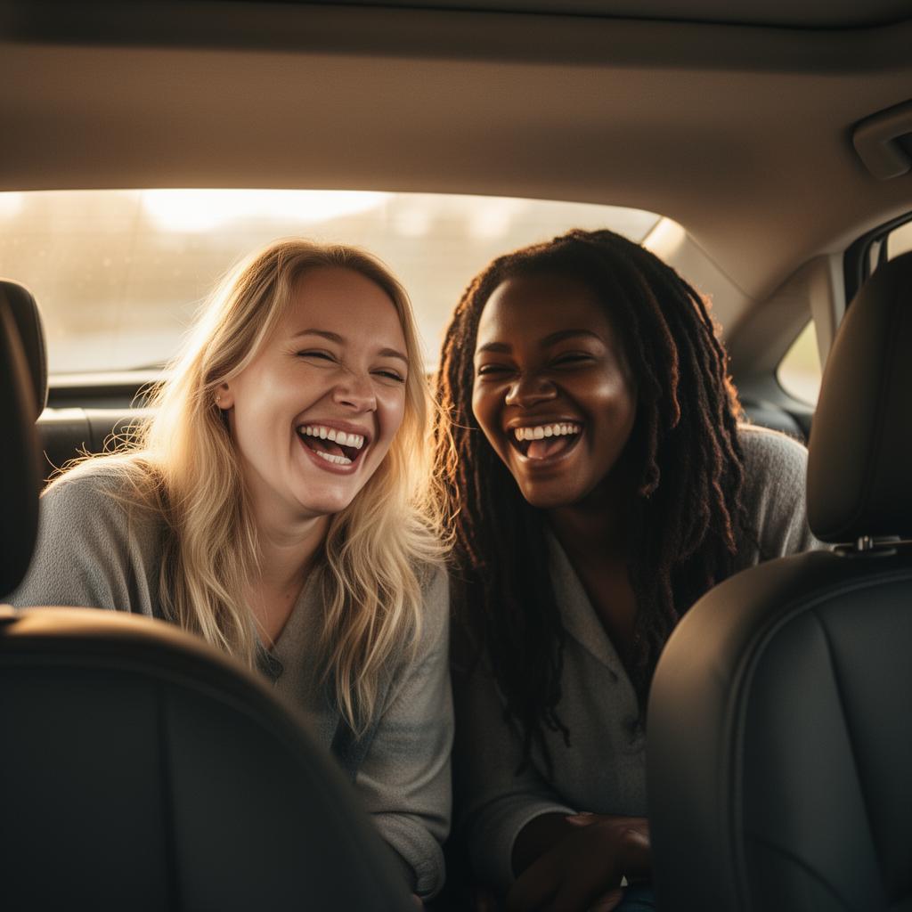 Chauffeure souriante au volant au coucher du soleil